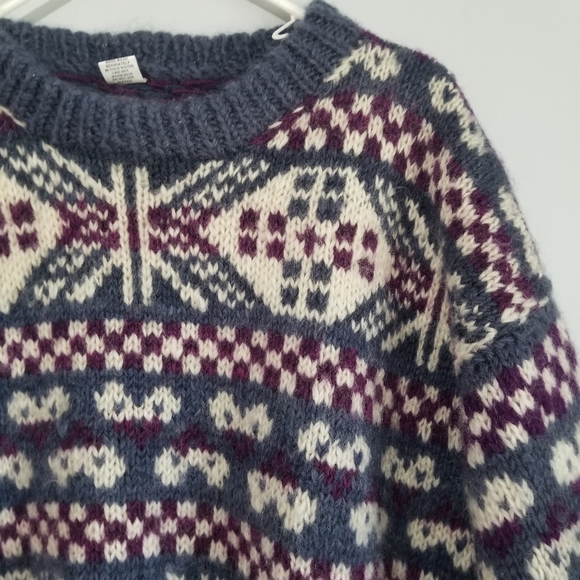 Nepal Hand Knit Wool Nordic Inspired Navy Diamond Motifs UNIQUE Sweater Rustic - Picture 2 of 13